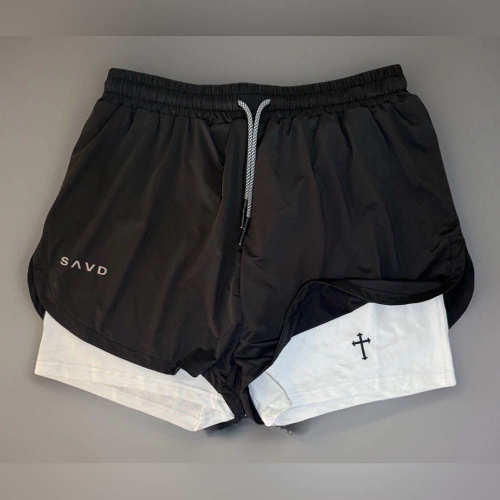 NWT SAVD Cross Performance Shorts Black White Sz XXL Lined Phone Pckt Christian